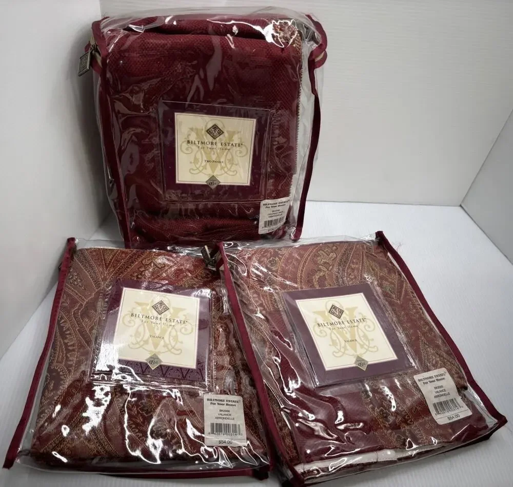 Lot Of New Biltmore Curtain Panels (2) & 2 Valances Burgundy & Gold 48x84”